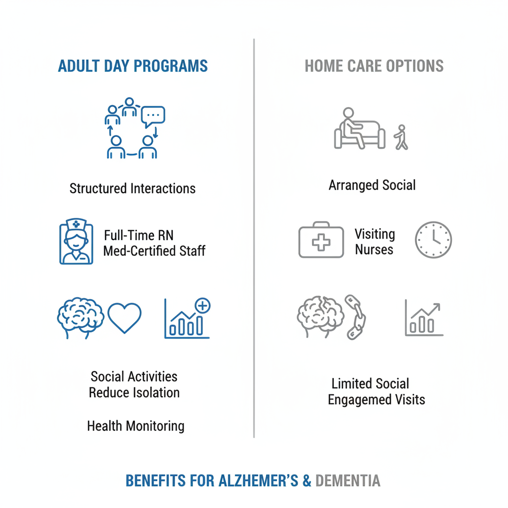 Infographic comparing adult day programs and home care benefits for seniors with disabilities