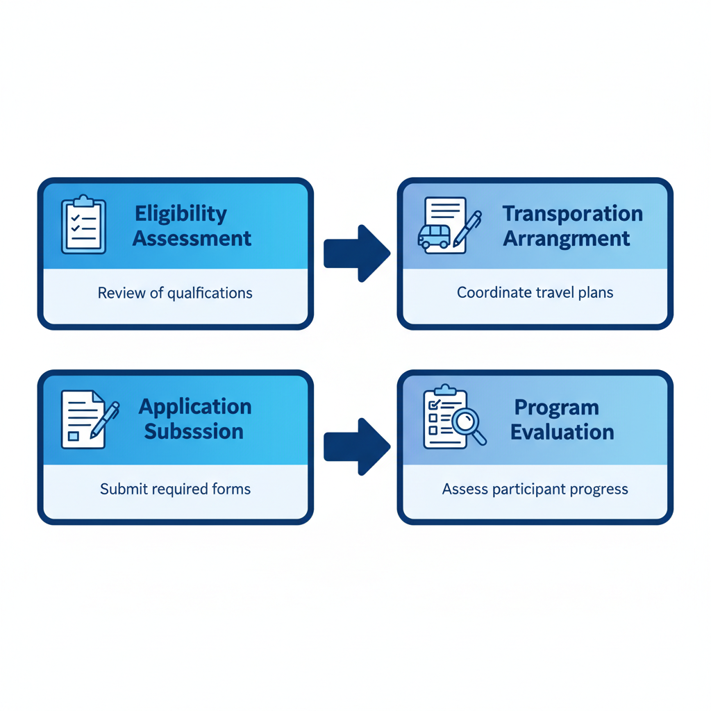 Horizontal process flow diagram illustrating the four-step enrollment process for adult day programs: eligibility assessment, application submission, transportation arrangement, and program evaluation.