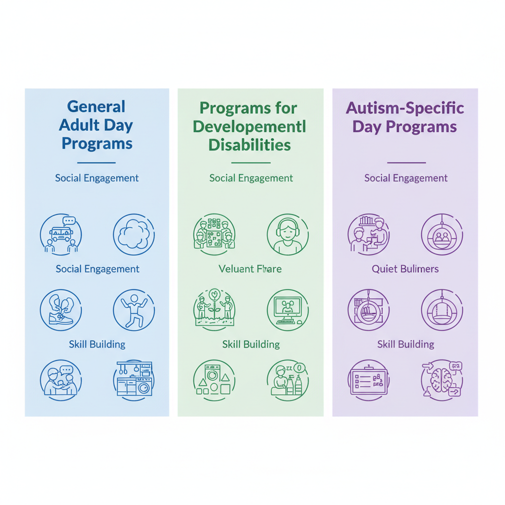 Infographic comparing services in general, developmental disabilities, and autism-specific adult day programs with icons for social engagement and skill building.