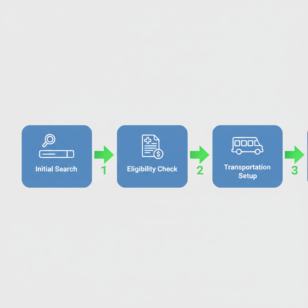 Horizontal process flow diagram illustrating three key steps to access DODD-certified services: initial search, eligibility check, and transportation setup