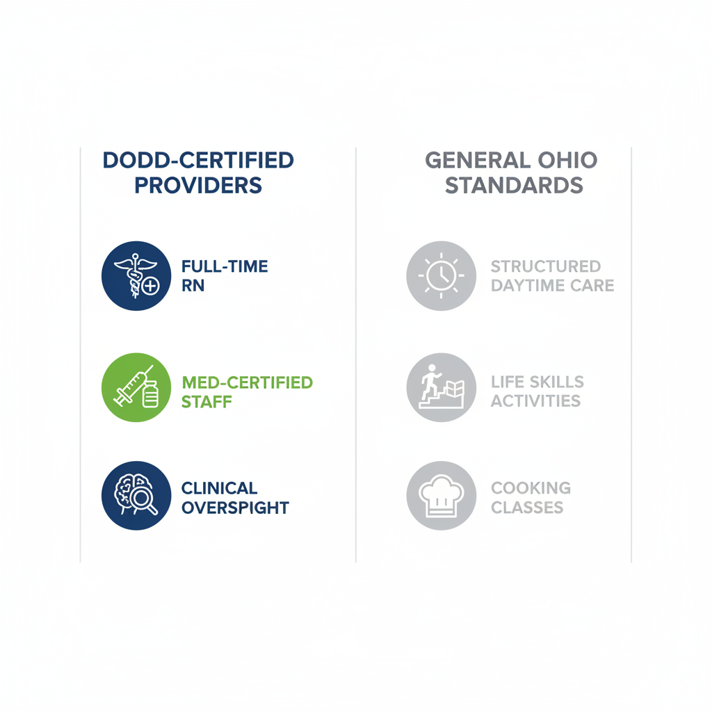 Infographic comparing DODD certification requirements to general Ohio standards with icons for staff and program elements