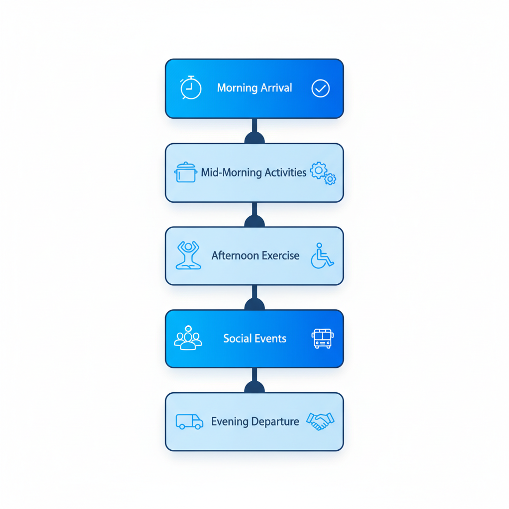 Vertical process flow diagram illustrating a typical day in a DODD certified adult day program with five stages from arrival to departure.
