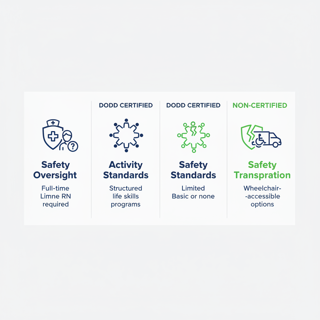 Infographic comparing DODD certified and non-certified adult day services focusing on safety, activities, and transportation.