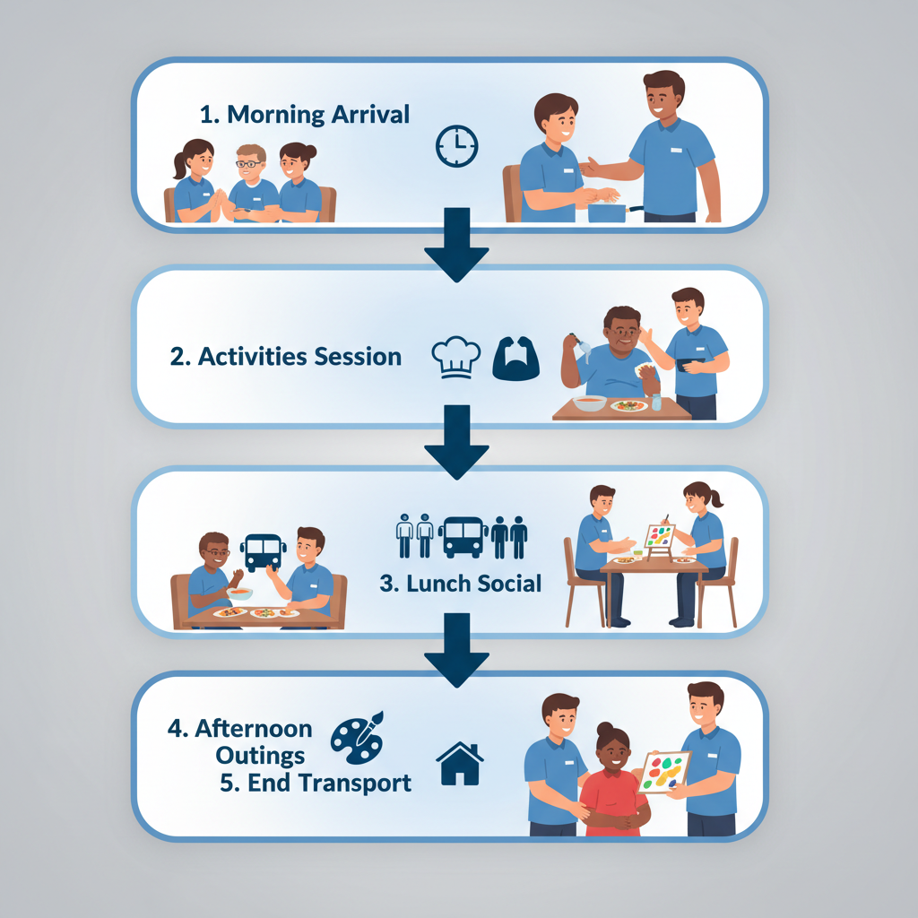 Vertical flowchart illustrating five stages of a typical day in a special needs adult day program: arrival, activities, lunch, outings, and transport with icons.