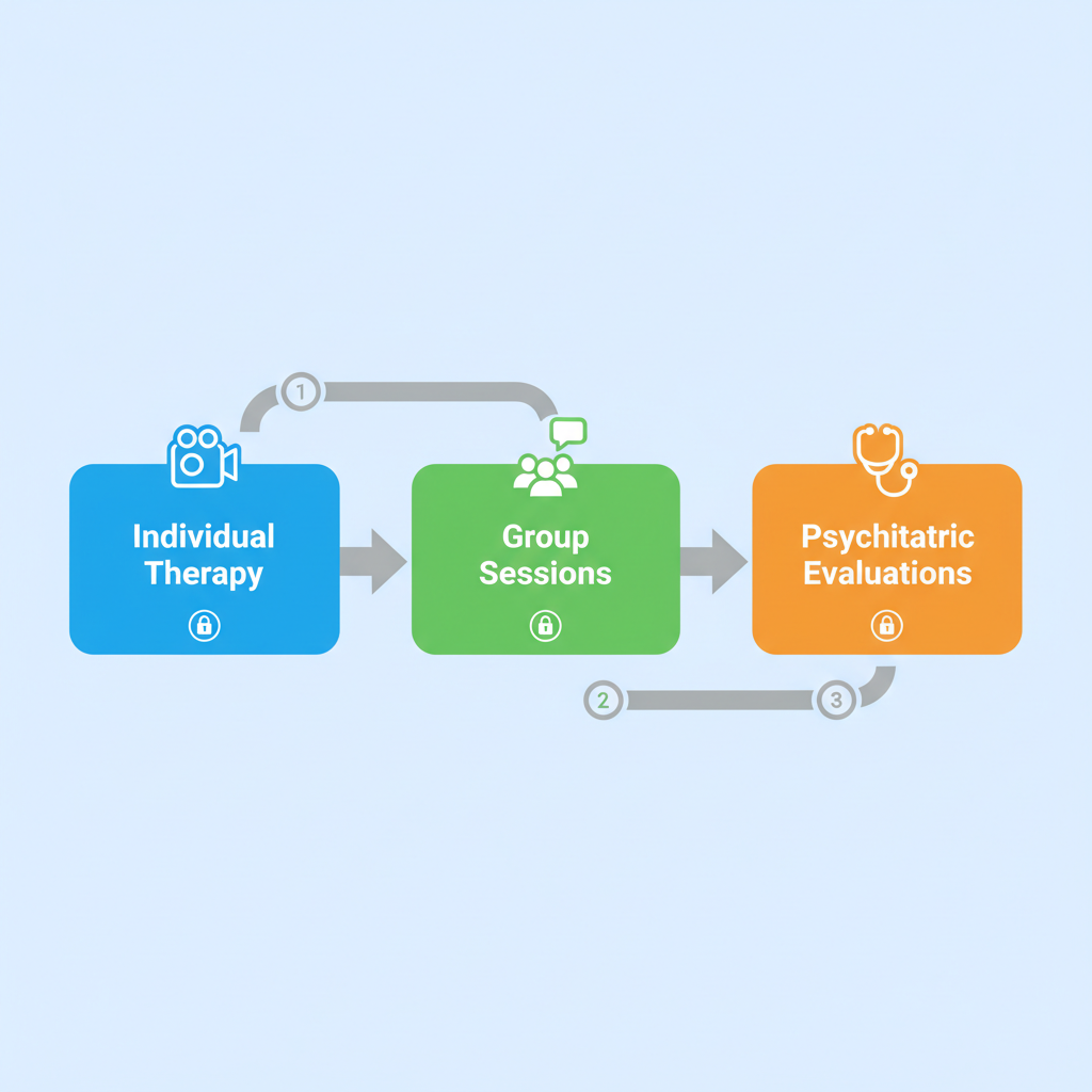 Horizontal process flow illustrating virtual IOP stages: individual therapy, group sessions, and psychiatric evaluations with icons and secure elements.