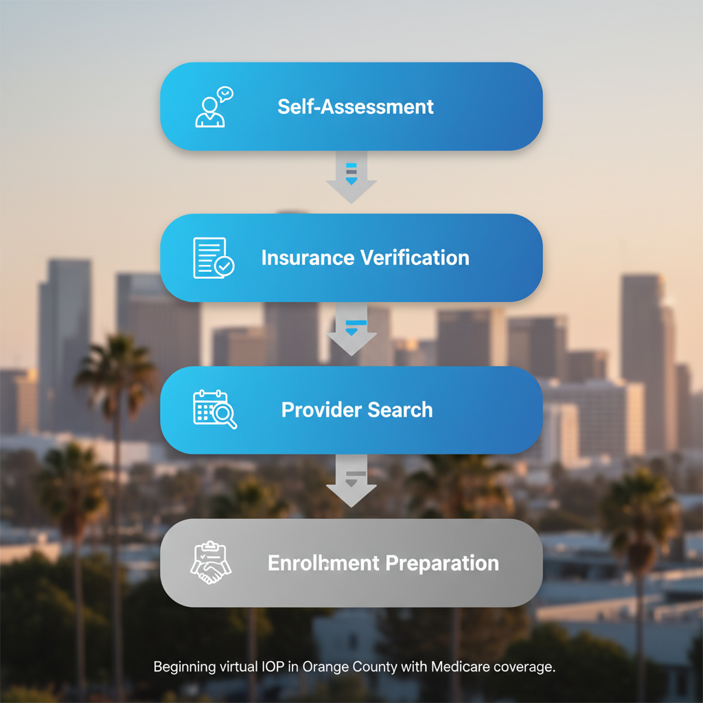 Vertical process flow diagram illustrating five steps to start virtual IOP for mental health in Orange County: self-assessment, insurance verification, provider search with telehealth, intake appointment, and enrollment preparation.