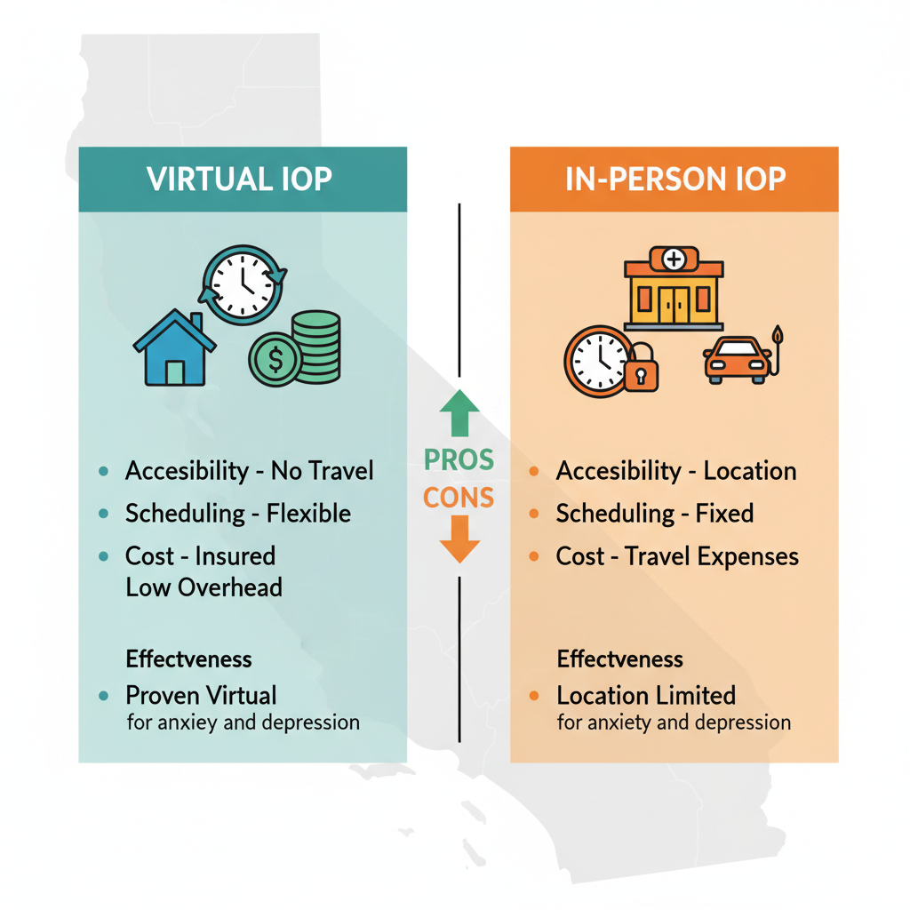 Infographic comparing virtual and in-person Intensive Outpatient Programs in Orange County, highlighting accessibility, scheduling, cost, and effectiveness.