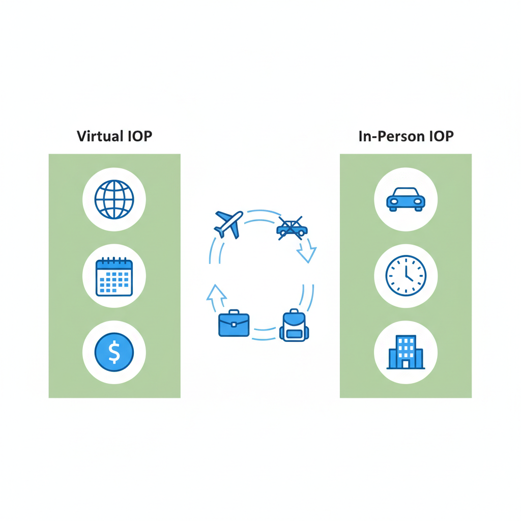 Infographic illustrating comparison between virtual and in-person intensive outpatient programs for mental health treatment.