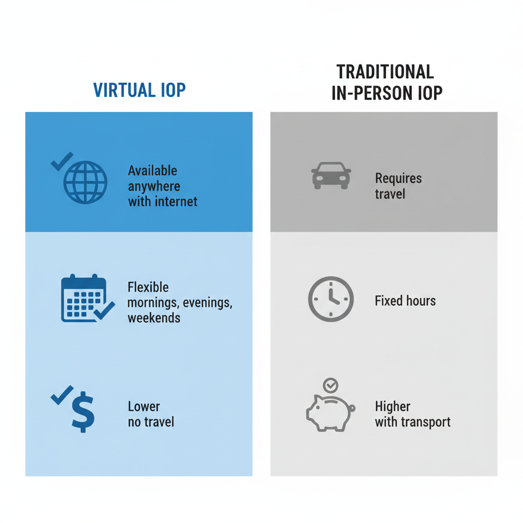 Infographic comparing key aspects of virtual IOP and in-person IOP treatment, highlighting virtual advantages in accessibility, flexibility, and cost.