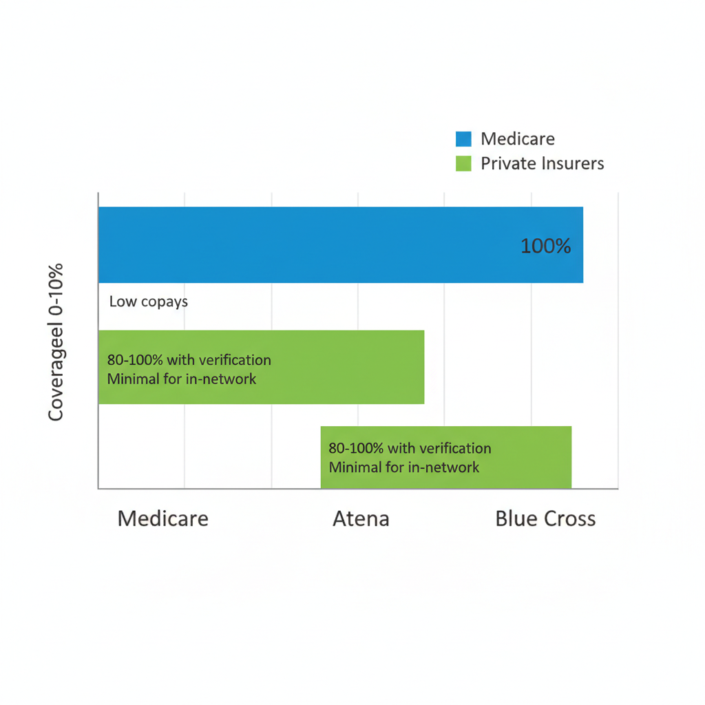 Bar chart comparing insurance coverage percentages for virtual IOP across Medicare and private providers like Aetna and Blue Cross