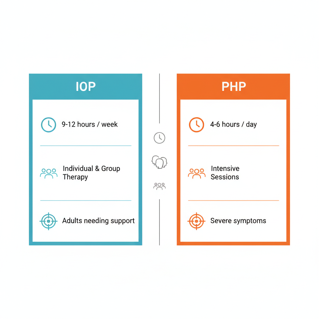 Infographic comparing Intensive Outpatient Programs (IOP) and Partial Hospitalization Programs (PHP) for mental health, highlighting hours, structure, and suitability with icons.