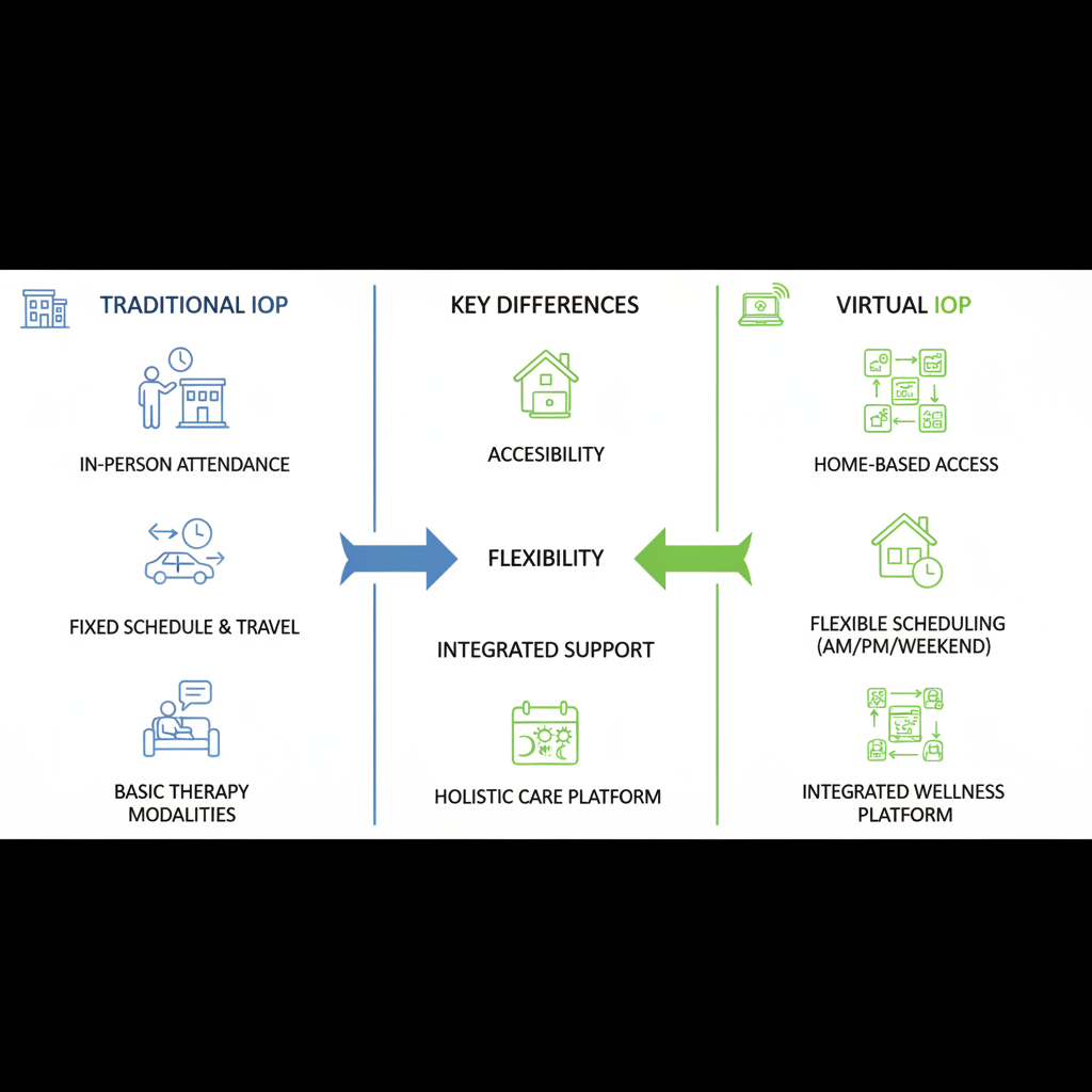 Visual comparison of traditional versus virtual intensive outpatient programs with icons highlighting key differences in accessibility and structure