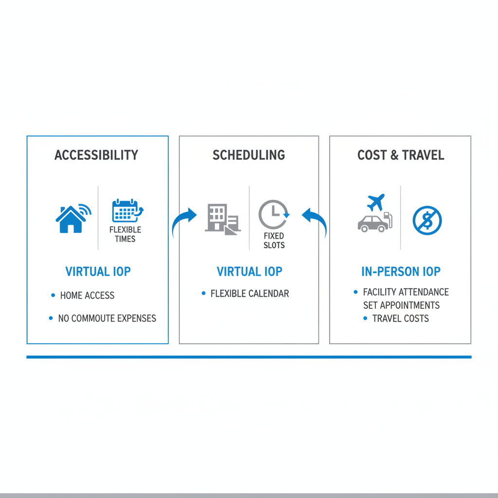 Infographic side-by-side comparison of Virtual IOP versus Traditional In-Person IOP, highlighting accessibility, scheduling, and cost differences with icons.