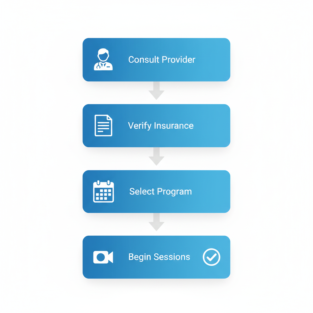 Vertical process flow diagram illustrating five steps to access virtual IOP services in California: consult provider, verify insurance, select program, schedule assessment, and begin sessions.
