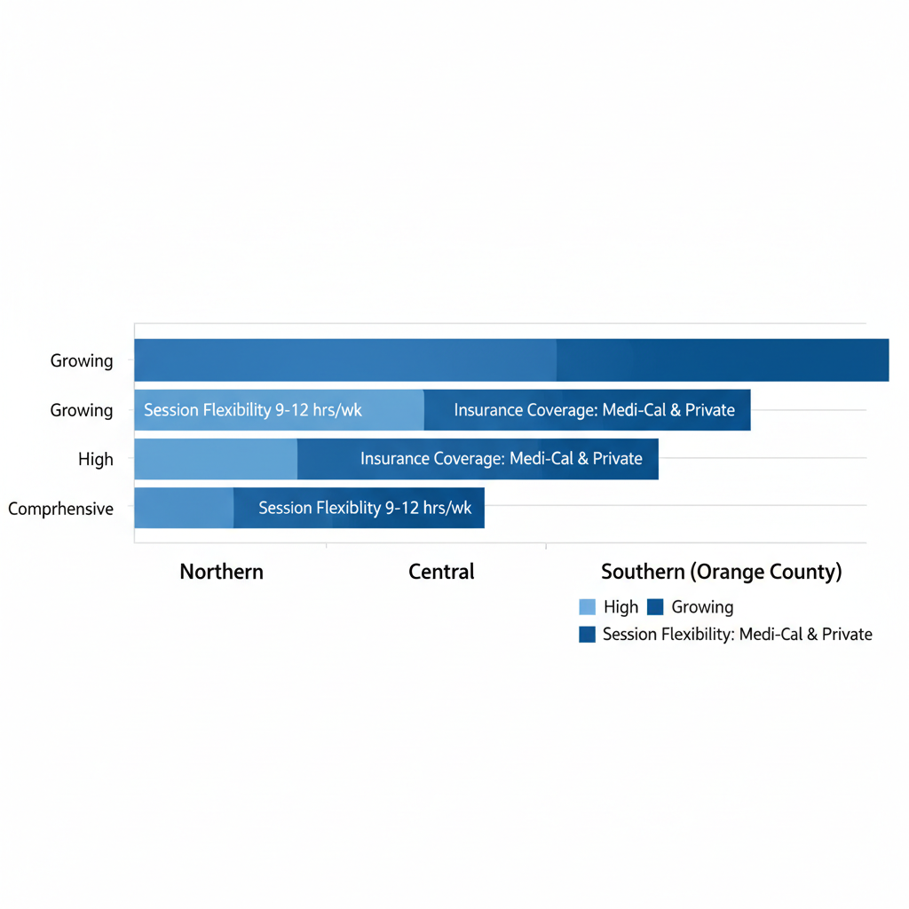 Horizontal bar chart comparing virtual IOP availability in Northern Central and Southern California regions with session flexibility and insurance coverage