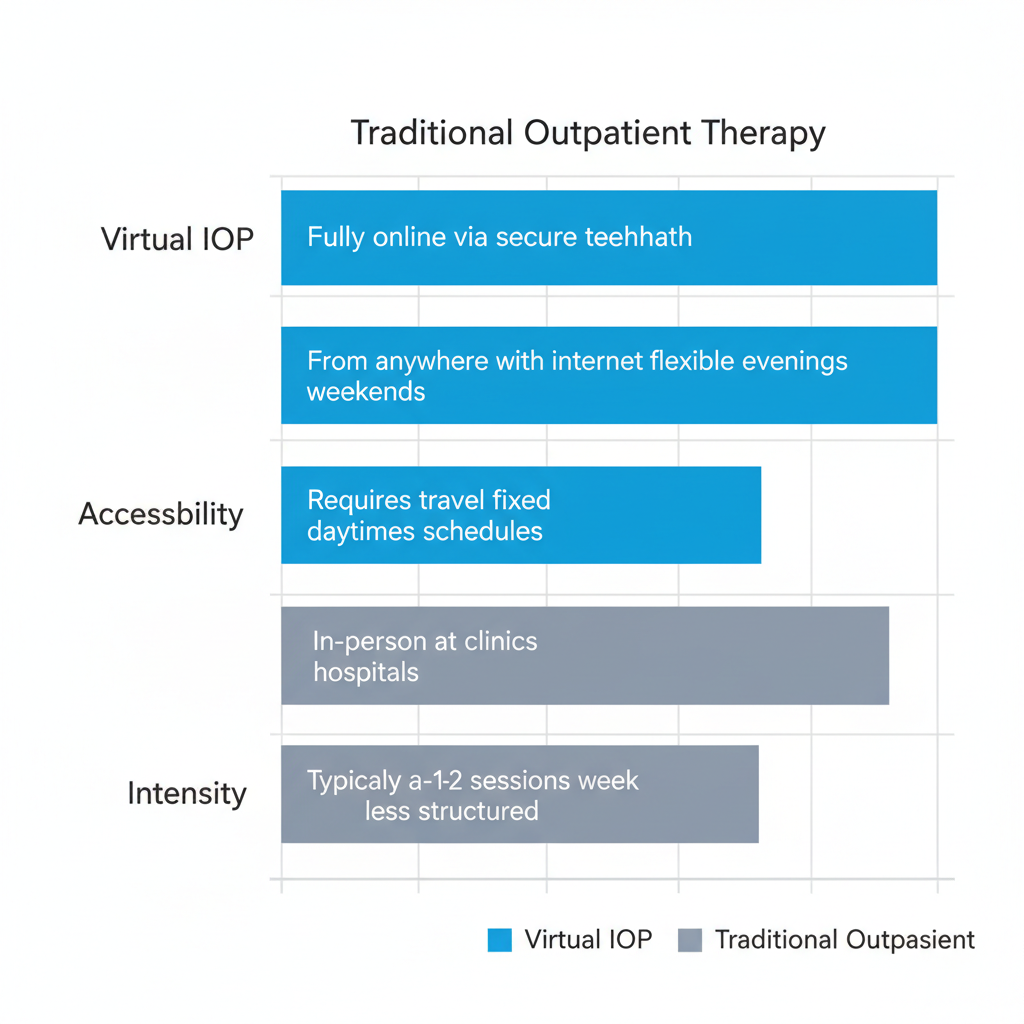 Horizontal bar chart comparing Virtual IOP and Traditional Outpatient Therapy aspects like delivery, accessibility, and intensity.