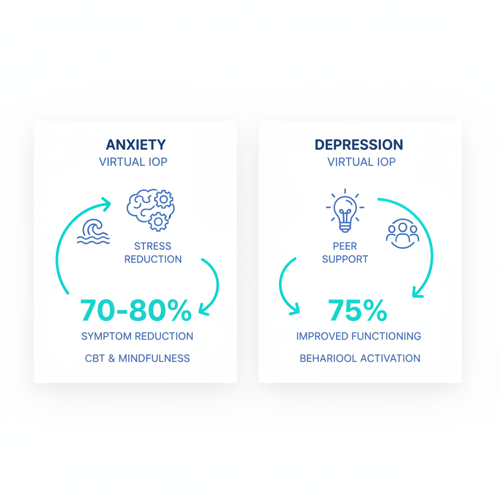 Infographic comparing anxiety and depression treatments in virtual IOP with icons and outcome metrics