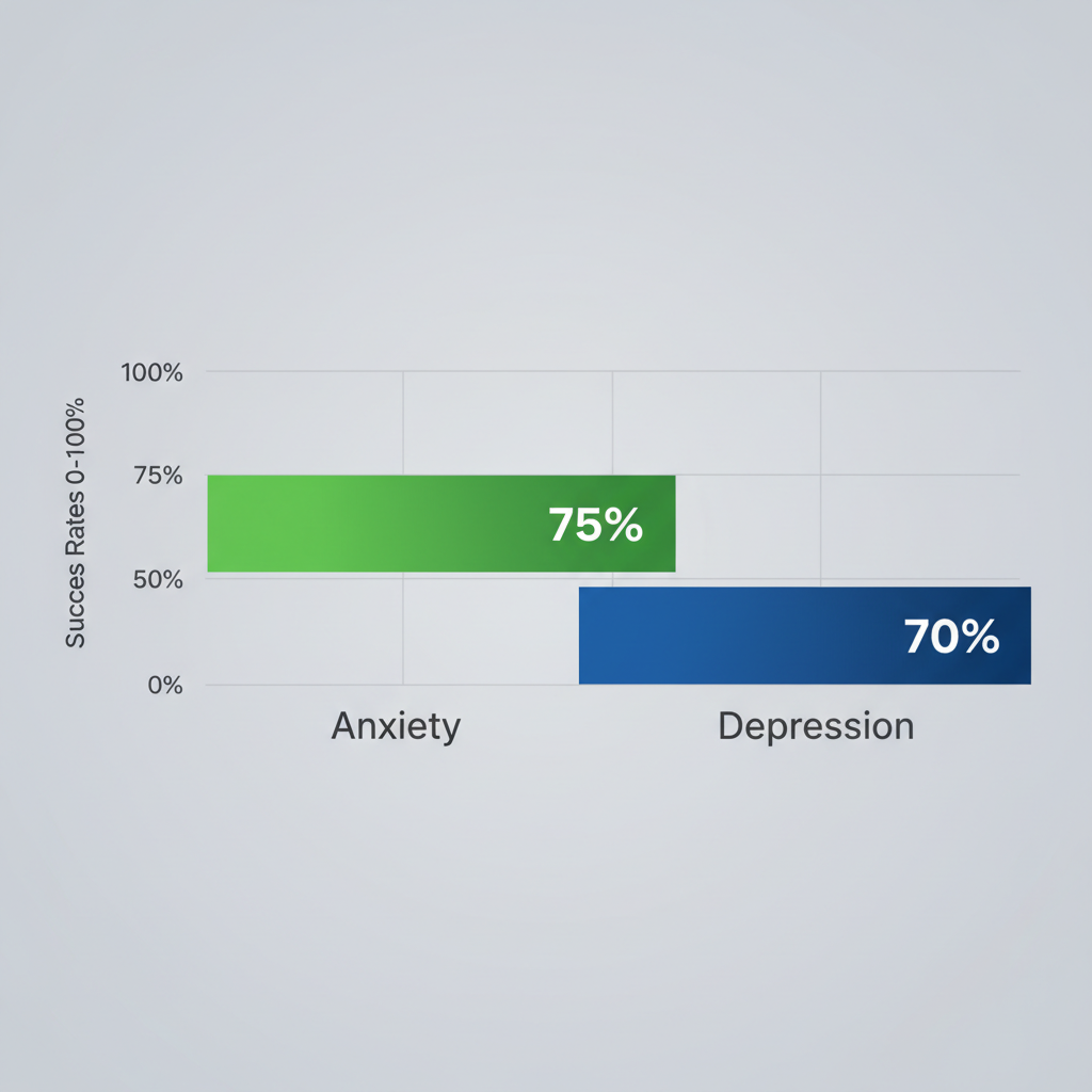 Bar chart showing virtual IOP success rates: 75% for anxiety, 70% for depression.