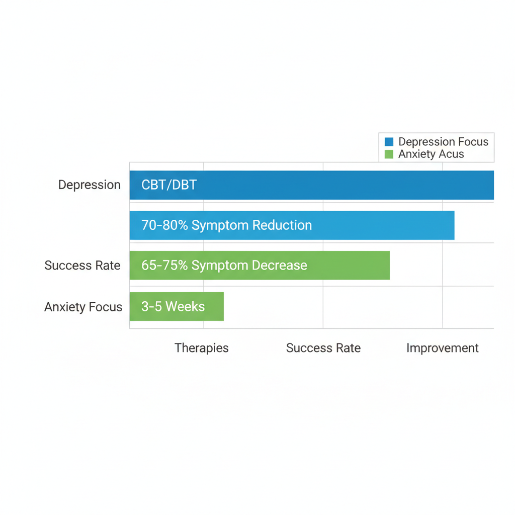Horizontal bar chart comparing virtual IOP outcomes for depression and anxiety, showing therapies, success rates, and improvement durations.