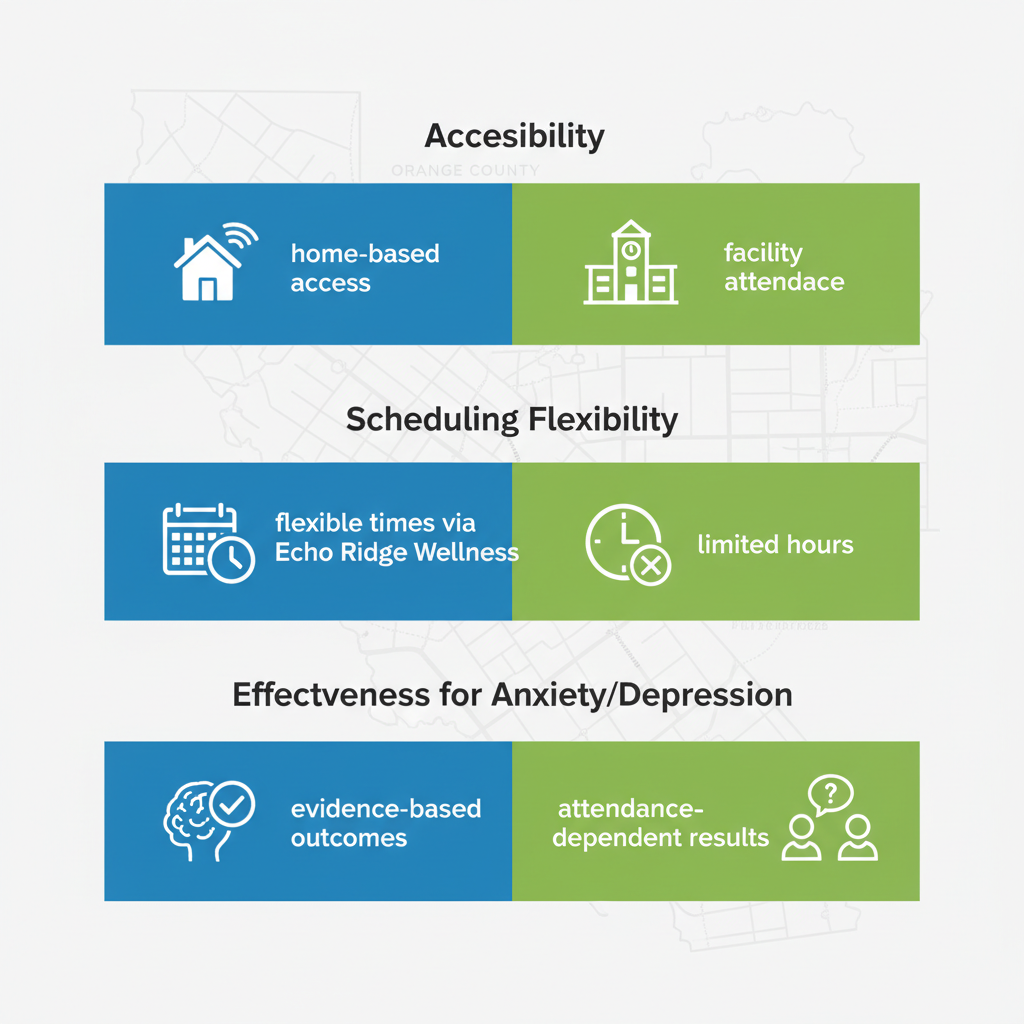 Infographic comparing virtual and in-person intensive outpatient programs for mental health in Orange County, featuring accessibility, flexibility, and effectiveness sections.
