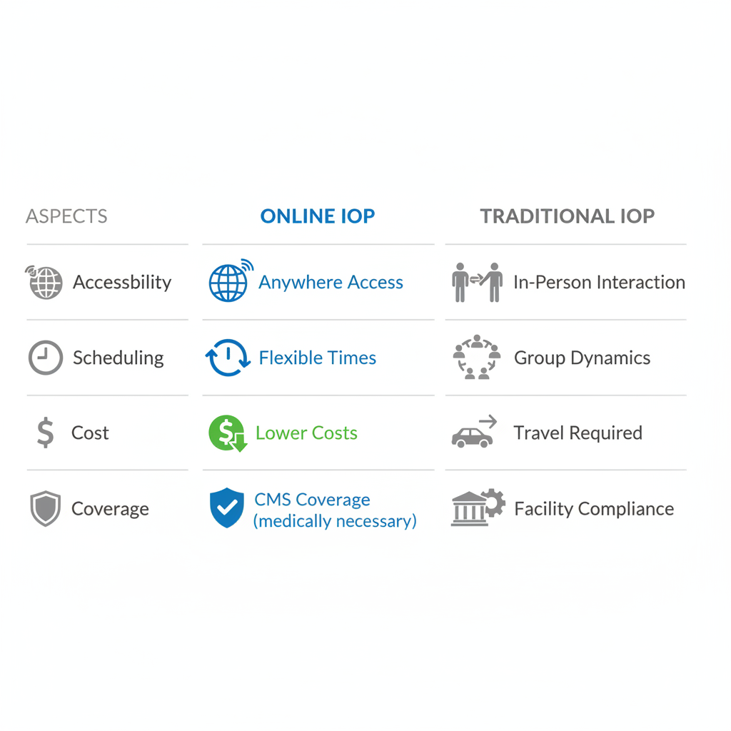 Infographic comparing key aspects and benefits of online versus traditional intensive outpatient programs for mental health care, including coverage details.