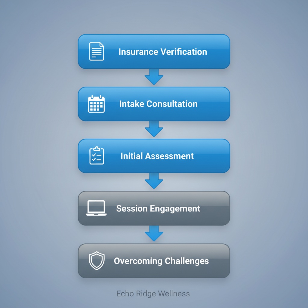 Vertical process flow diagram showing five stages of enrolling in virtual intensive outpatient program for mental health, with icons and arrows.