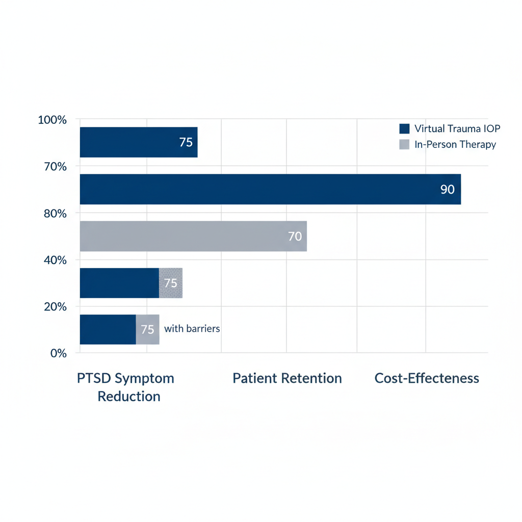 Horizontal bar chart comparing PTSD symptom reduction, patient retention, and cost-effectiveness between virtual trauma IOP and in-person therapy