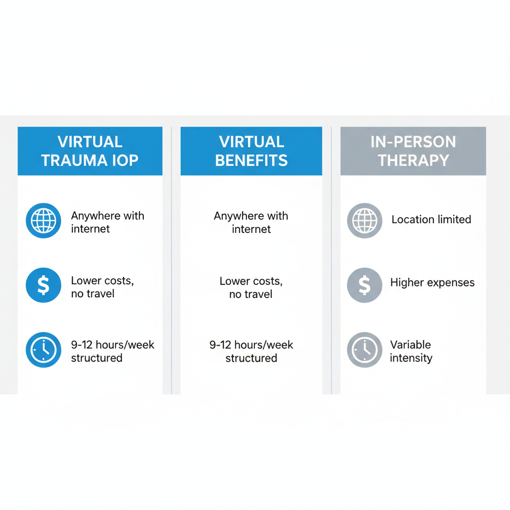 Infographic comparison of virtual trauma IOP versus traditional in-person therapy, highlighting accessibility, cost, and intensity differences