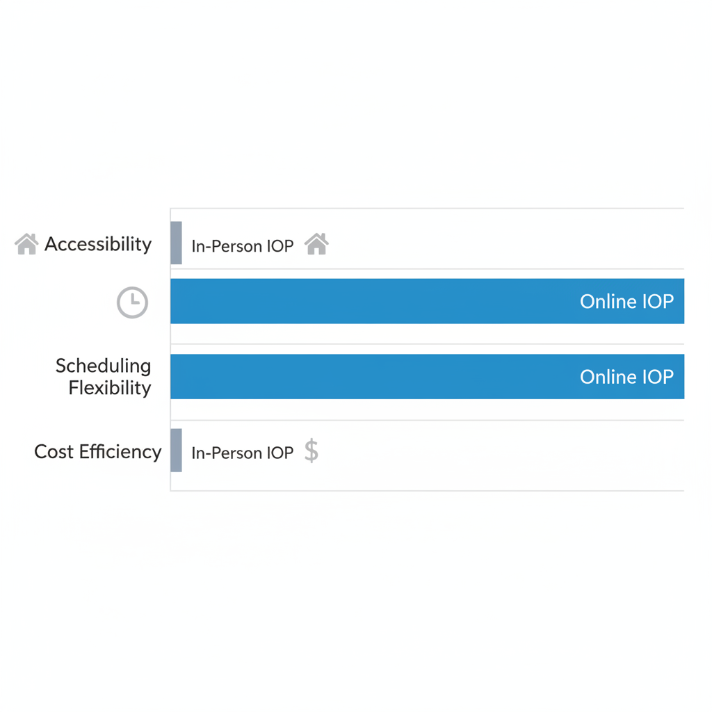 Horizontal bar chart comparing accessibility, scheduling flexibility, and cost efficiency of online versus in-person intensive outpatient programs