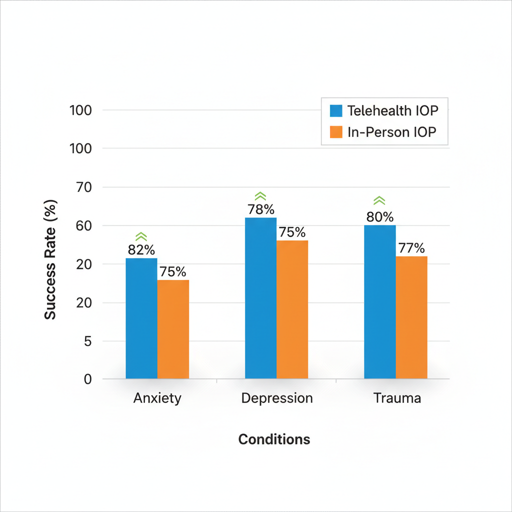 Bar chart comparing success rates of telehealth and in-person IOP treatments for anxiety, depression, and trauma conditions