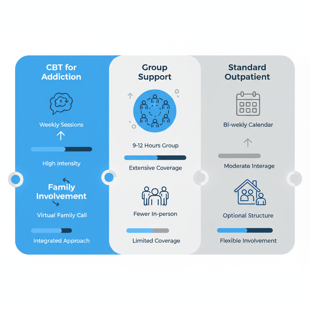 Infographic illustrating therapy coverage differences between Virtual IOP and Standard Outpatient for substance abuse recovery, with icons and progress bars.