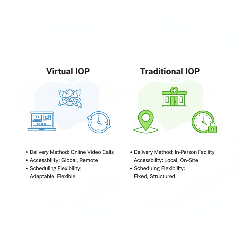 Infographic comparing virtual and traditional intensive outpatient programs for substance abuse treatment, featuring icons and key aspect labels.