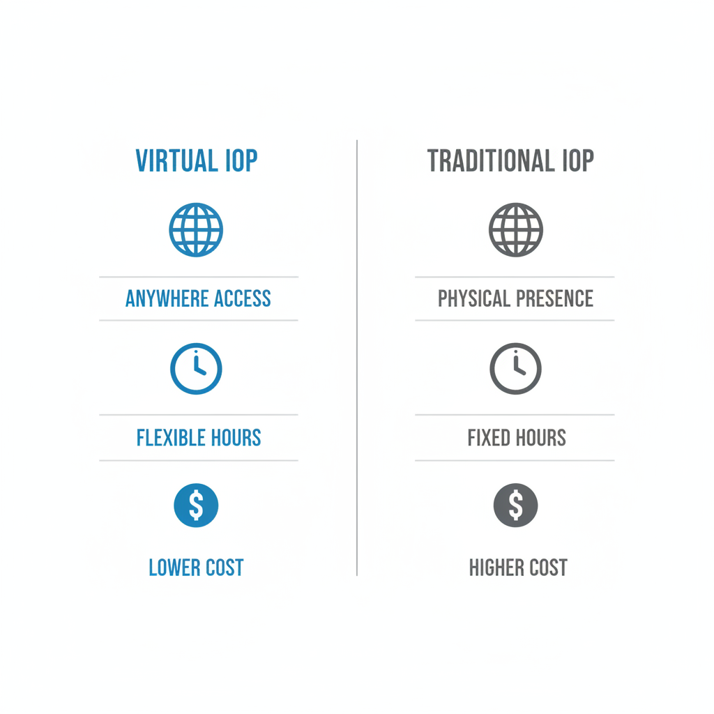 Infographic comparing Virtual IOP and Traditional IOP in accessibility, scheduling flexibility, and cost efficiency