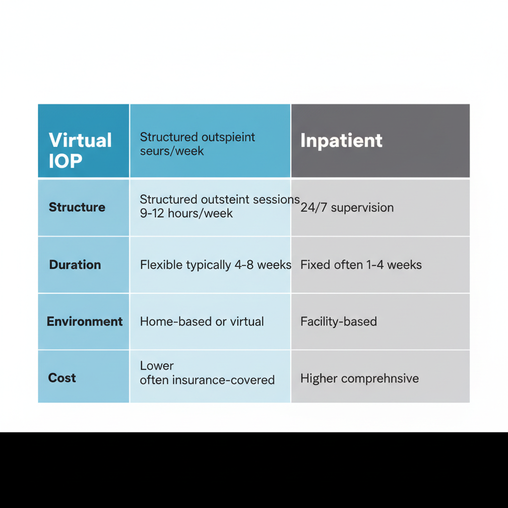 Horizontal comparison chart showing differences between Virtual IOP and Inpatient mental health care in structure, duration, environment, and cost.