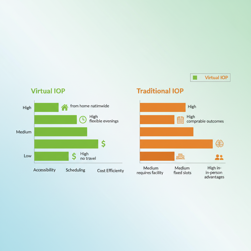 Bar chart comparing key features of virtual and traditional intensive outpatient programs for mental health.