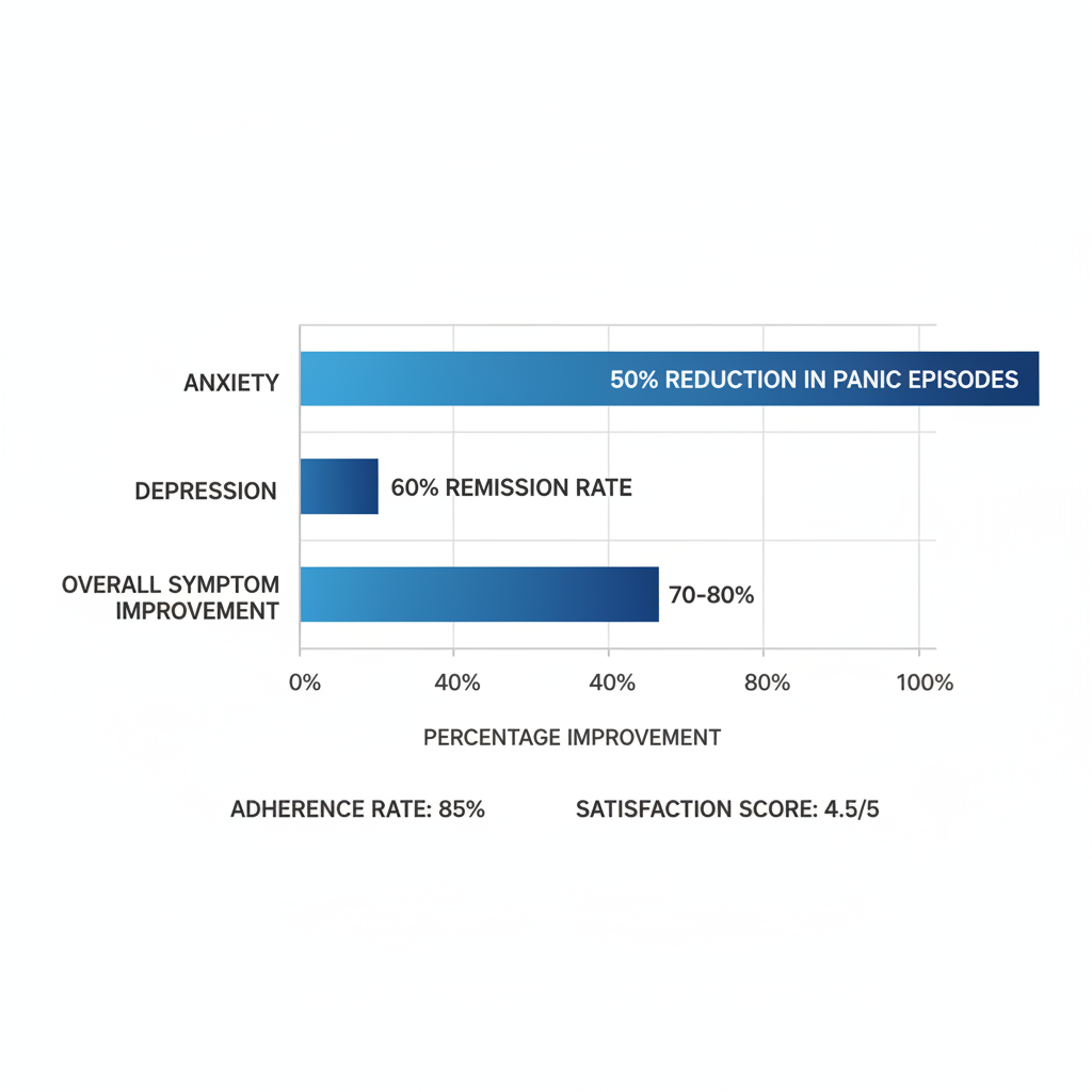 Horizontal bar chart showing improvement percentages for anxiety, depression, and overall symptoms in virtual IOP programs, plus adherence and satisfaction metrics