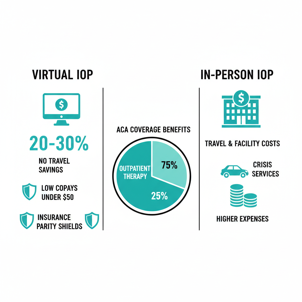 Infographic comparing costs of virtual and in-person intensive outpatient programs, highlighting insurance savings and ACA coverage.
