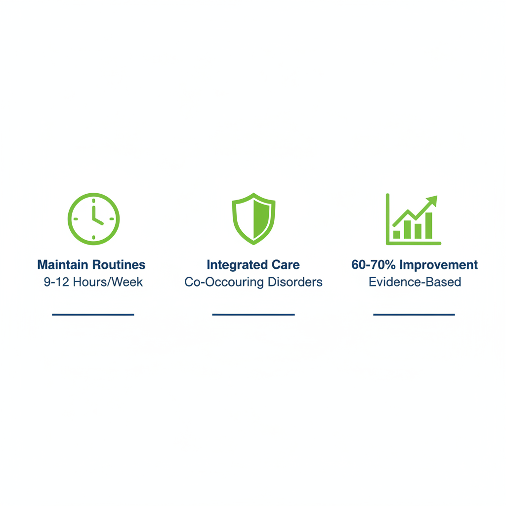 Infographic illustrating flexibility, trauma recovery support, and effectiveness of outpatient rehab for mental health conditions like depression and anxiety.