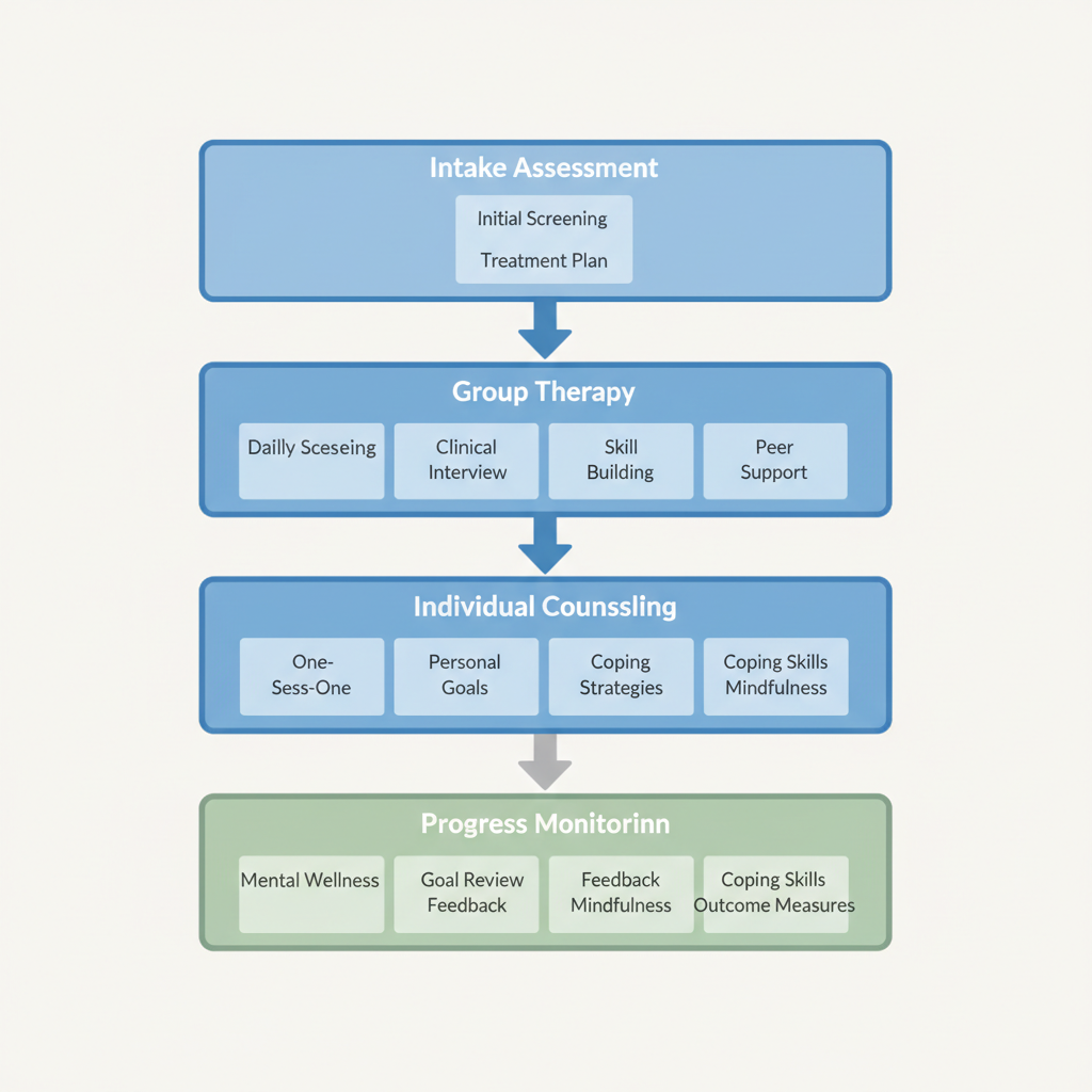 Process flow diagram illustrating key steps in intensive outpatient rehab program: intake assessment, group therapy, individual counseling, psychoeducation, and progress monitoring.