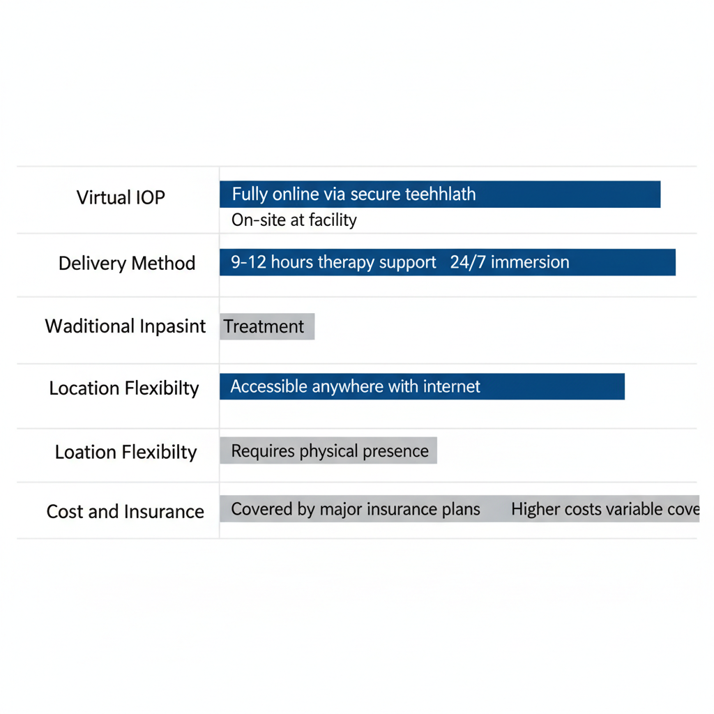 Horizontal bar chart comparing virtual intensive outpatient program and traditional inpatient treatment across delivery method, weekly hours, location flexibility, and cost aspects.
