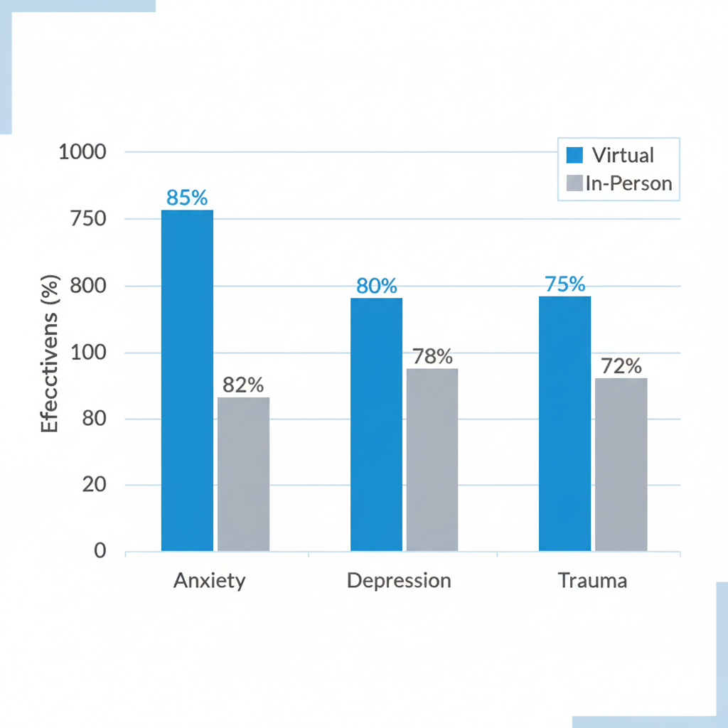 Bar chart comparing effectiveness of virtual and in-person telehealth therapy for anxiety, depression, and trauma