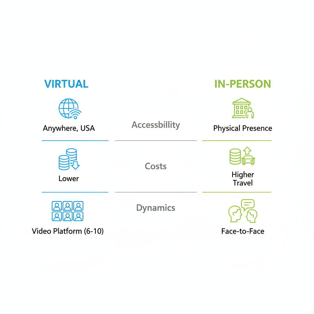 Infographic comparing virtual and in-person group therapy across accessibility, costs, and interaction dynamics with icons and color-coded columns.