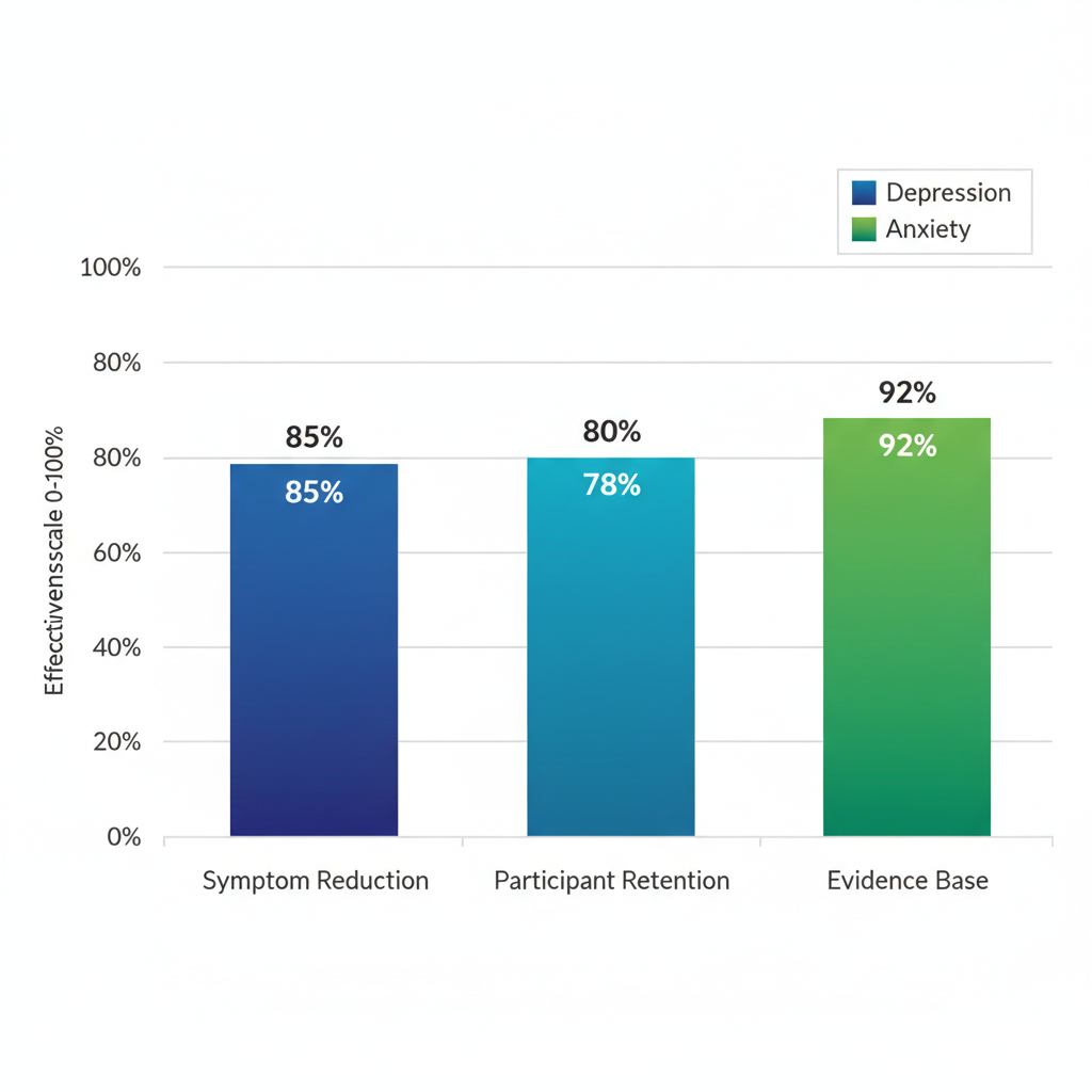 Bar chart comparing key effectiveness metrics of virtual group therapy for treating depression and anxiety, highlighting symptom reduction, retention rates, and evidence support.
