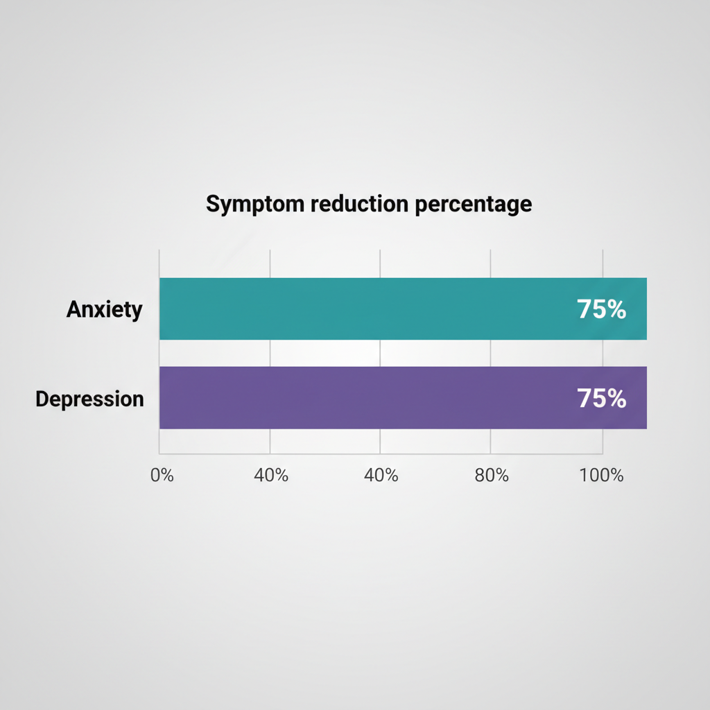 Horizontal bar chart depicting symptom reduction percentages for anxiety and depression through online therapy, teal bar for anxiety at 75%, purple bar for depression at 75%.