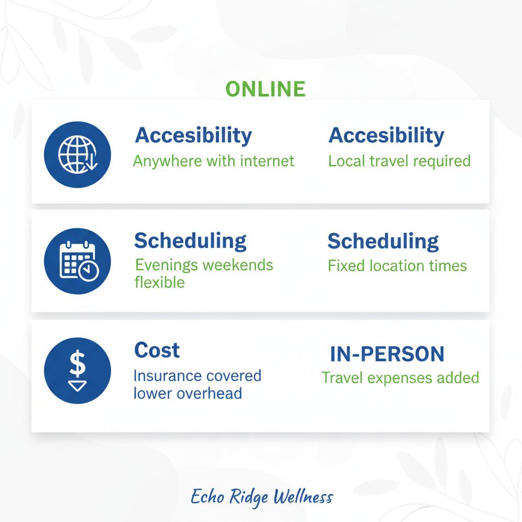 Infographic comparing accessibility, scheduling, and cost of online versus in-person group therapy formats