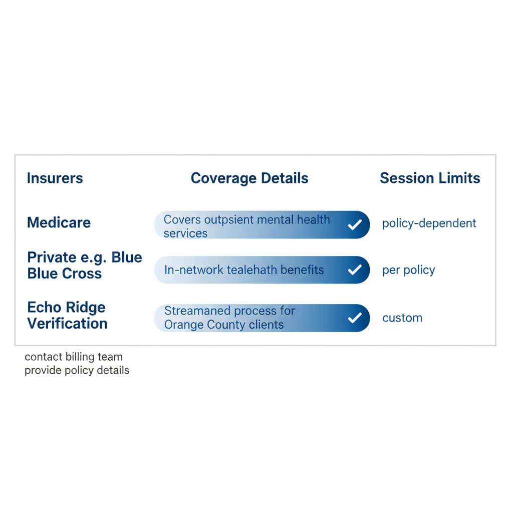 Infographic showing insurance coverage options for online group therapy in virtual mental health programs, including Medicare, private insurers, and verification process.