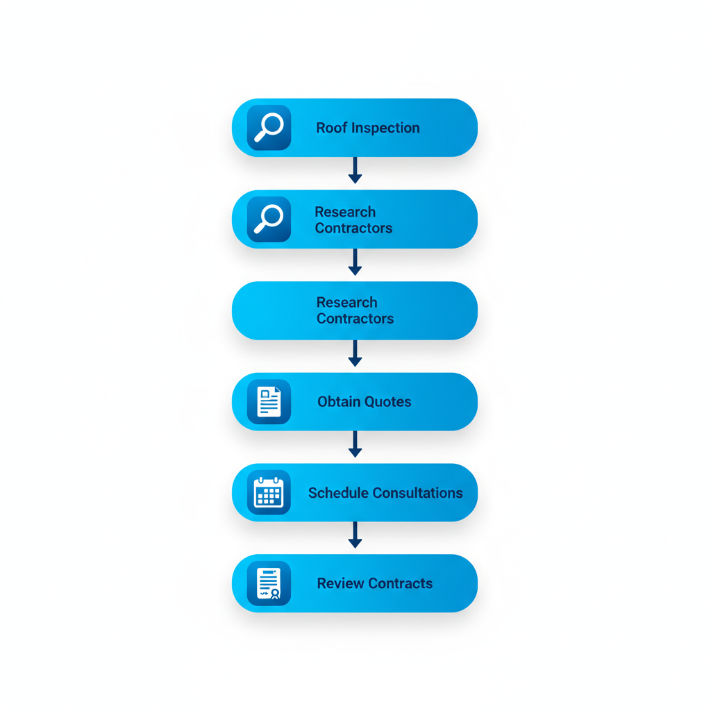 Vertical process flow diagram illustrating five steps to begin a roofing project in Winter Springs, Florida: Roof Inspection, Research Contractors, Obtain Quotes, Schedule Consultations, Review Contracts.