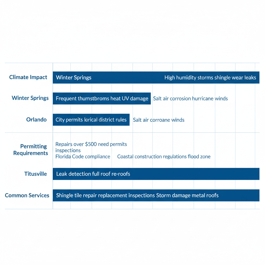 Horizontal bar chart illustrating roofing challenges comparison across Winter Springs, Orlando, and Titusville in Central Florida
