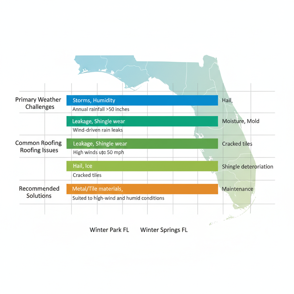 Horizontal bar chart comparing roofing challenges in Winter Park, Winter Springs, and Winter Garden, Florida, with weather, issues, and solutions by area.