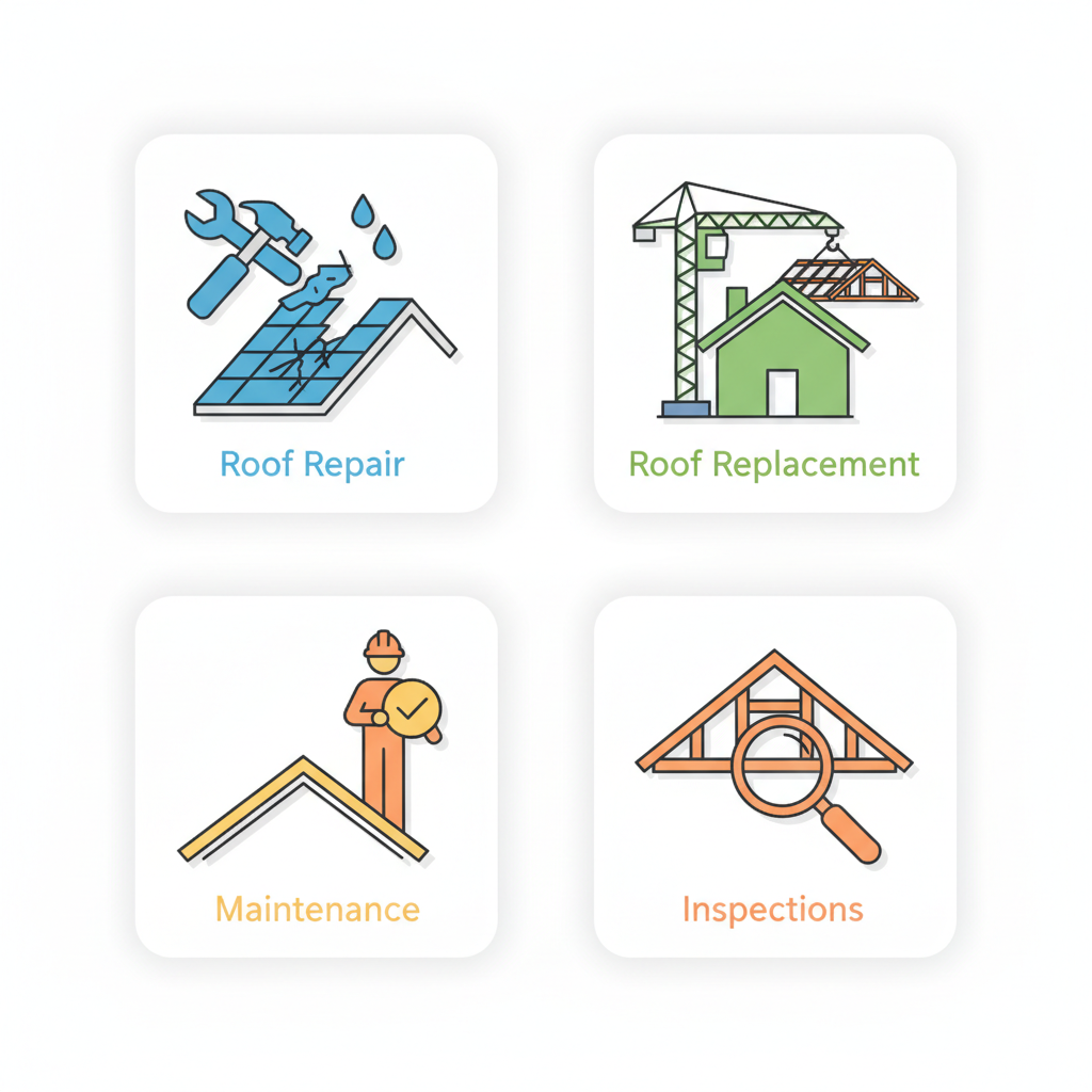 Icon set illustrating roof repair, replacement, preventive maintenance, and inspection services for Winter Park.
